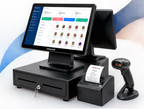 Vinfostock point-of-sale setup showing a dual-screen POS terminal, cash drawer, thermal receipt printer and barcode scanner